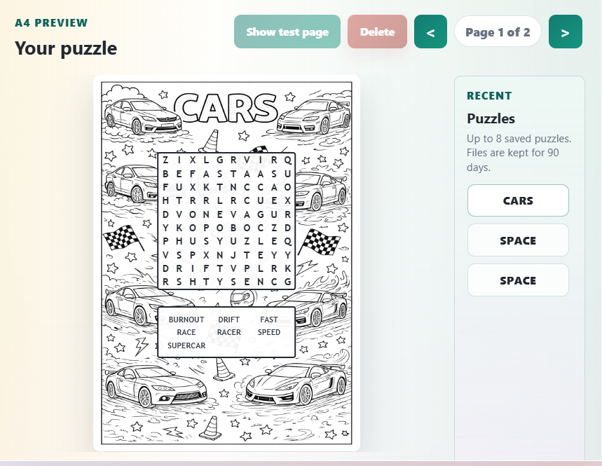 Printable cars word search preview